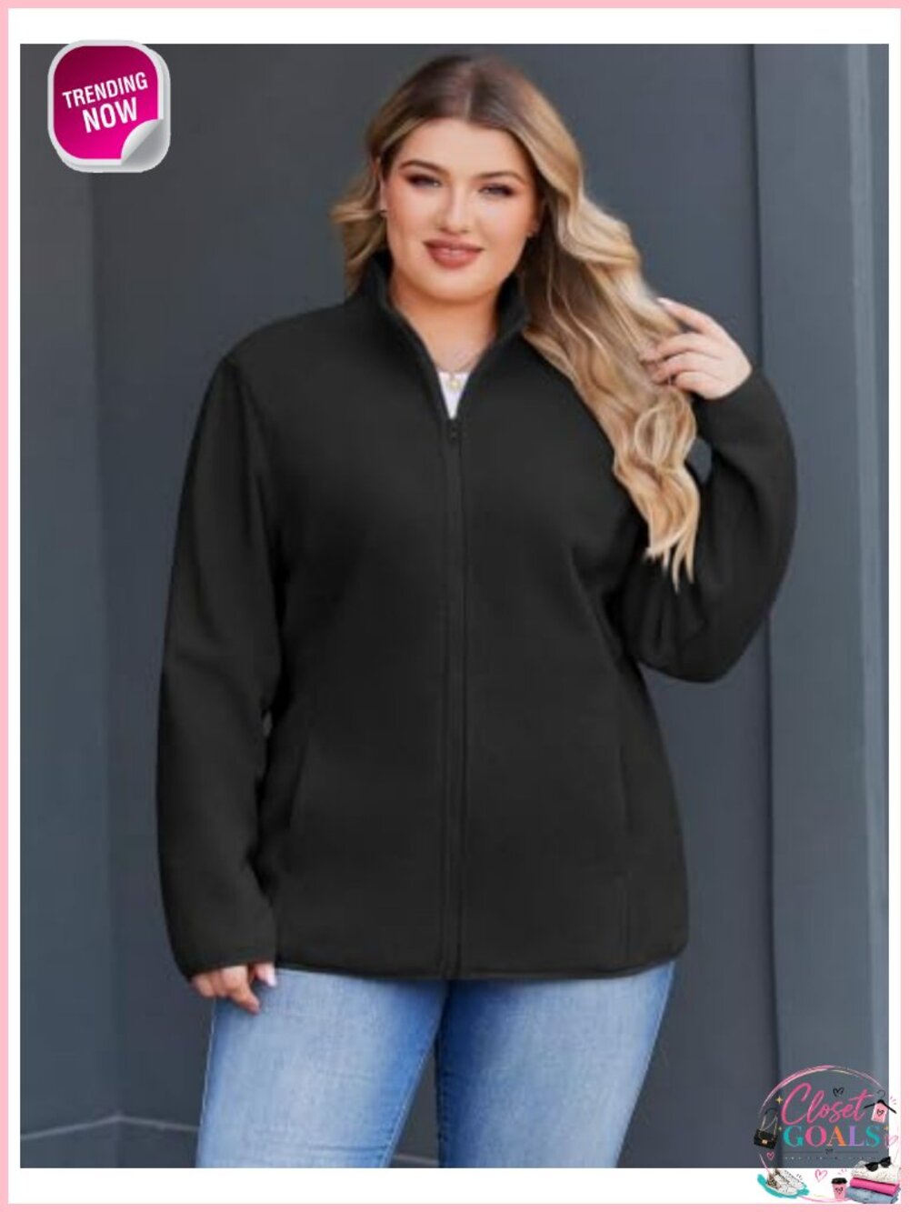 Plus Size Fleece Jacket Full Zip Lightweight Coat Polyester - Picture 3 of 6